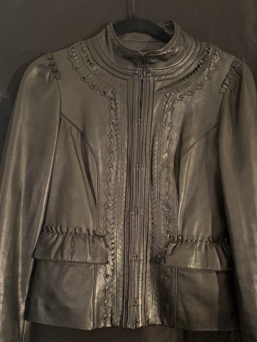 Etcetera Black Leather Detailed Hook-Front Jacket